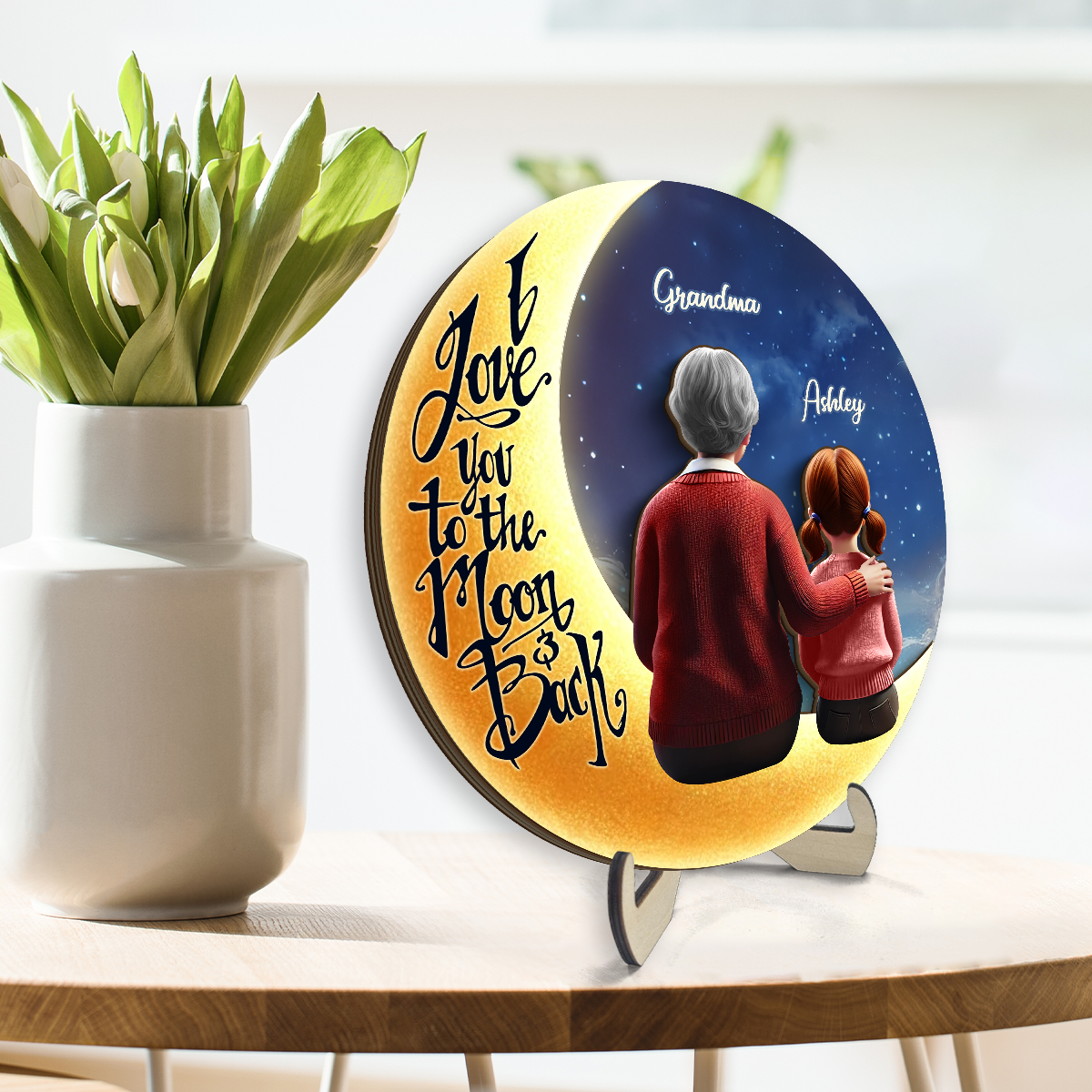 Starry Night Grandma & Granddaughter Sitting On Moon 3D Effect Personalized 2-Layered Wooden Plaque, Perfect 2025 Gift For Mom, For Grandma