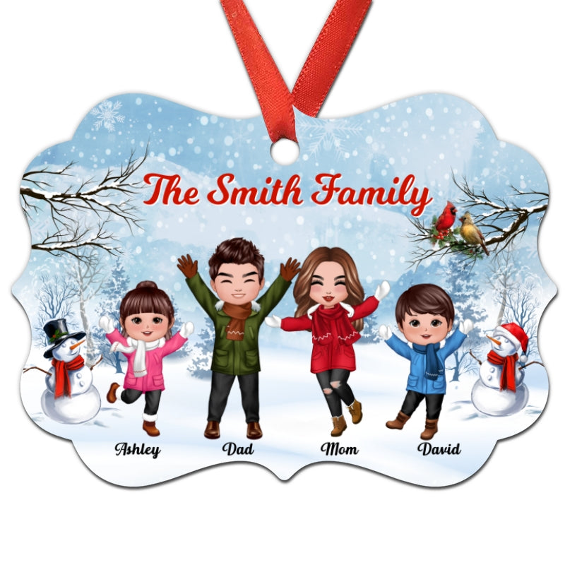 Happy Doll Family Dad Mom Kids In Snow Personalized Christmas Ornament