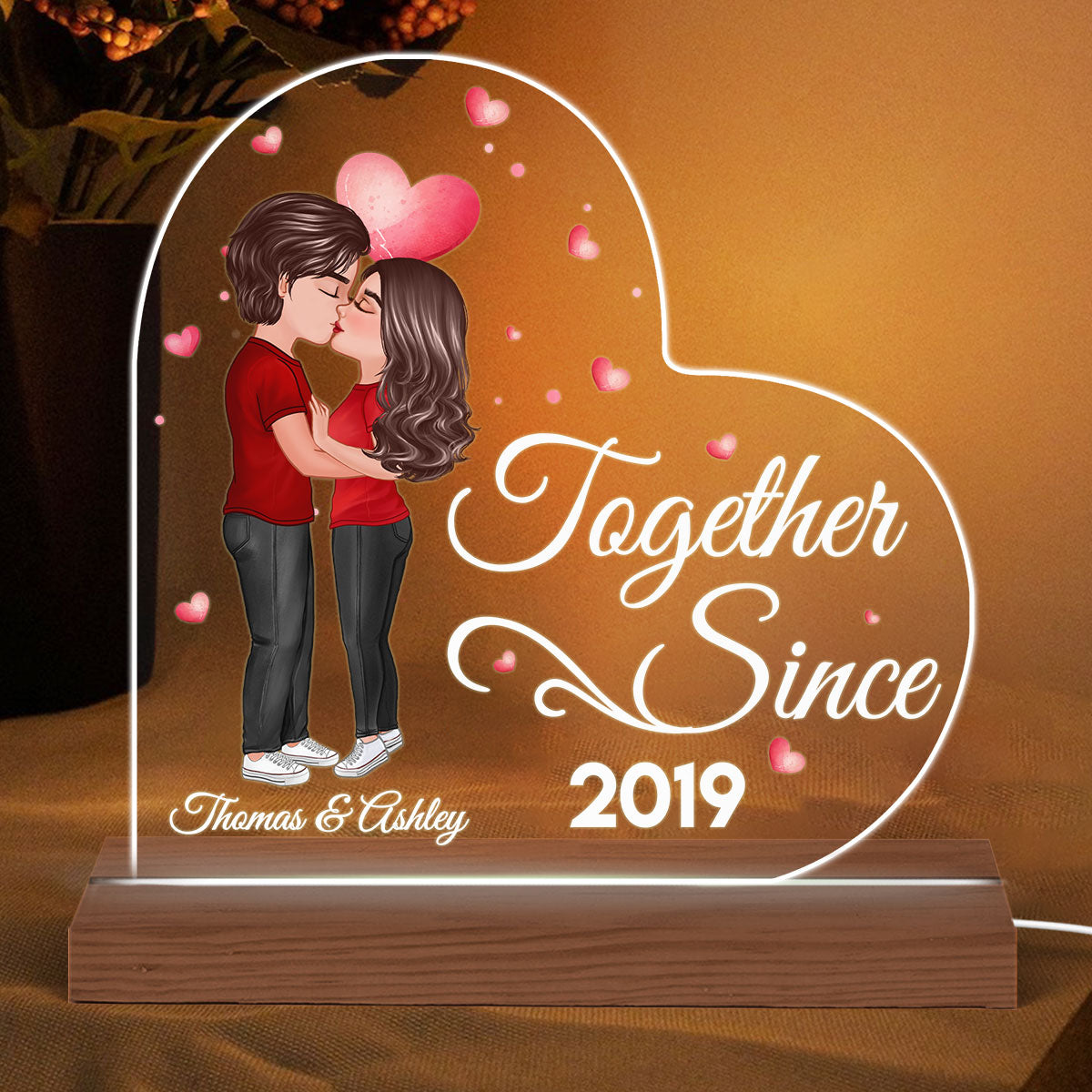 Doll Couple Kissing Together Since Personalized Heart Shaped Acrylic Plaque With LED Night Light - Anniversary Gift For Couple - Gift For Him, Gift For Her