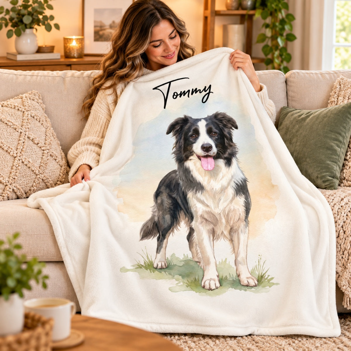 Custom Dog Cat Watercolor Portrait from Photo - Personalized Fleece Blanket - Christmas Gift for Dog Lovers, Memorial Gift