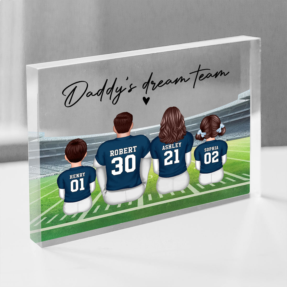 Daddy's Team Football Family Sitting Back View Personalized Acrylic Block, Father's Day Gift