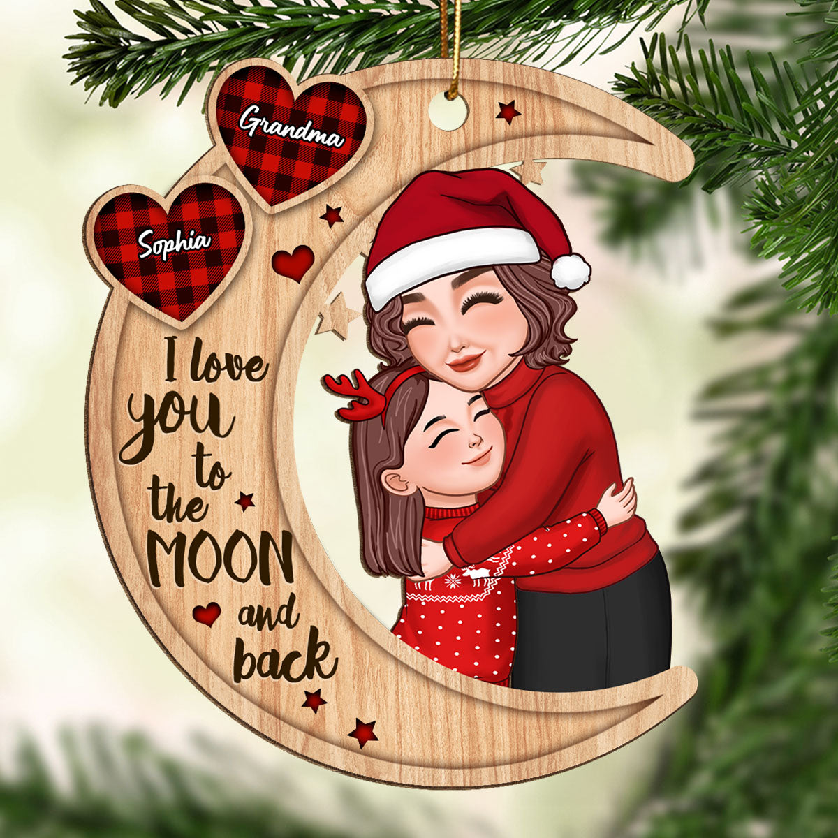 Grandma Hugging Grandkid Pattern Hearts Christmas Gift For Granddaughter Grandson Personalized Wooden Ornament