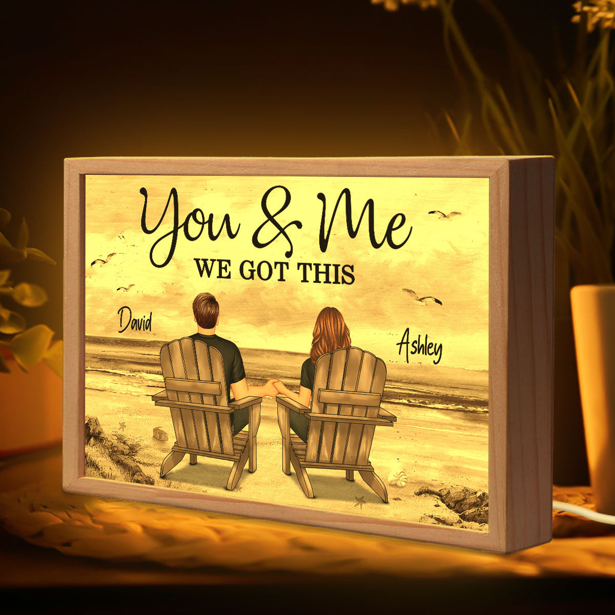 Back View Couple Sitting Beach Landscape Personalized Wooden Frame Light Box