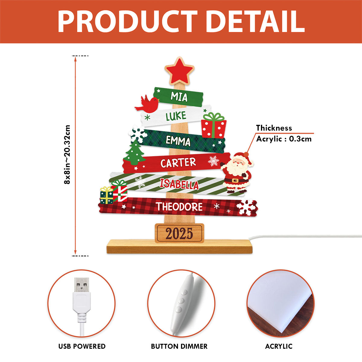 3D Effect Cute Christmas Tree Family Names Personalized LED Light Box