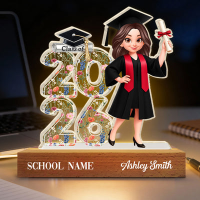 Class Of 2026 2027 Senior Floral - Personalized Acrylic Block LED Night Light - Graduation Gift For Graduates, Daughter