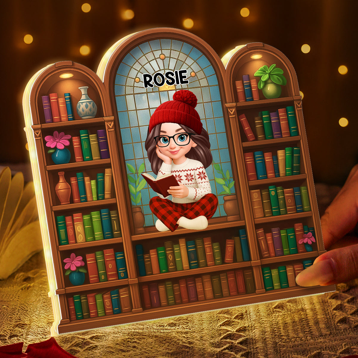 Christmas Cozy Vibe Pretty Girl Reading Book In Arched Bookshelf - Personalized Light Box