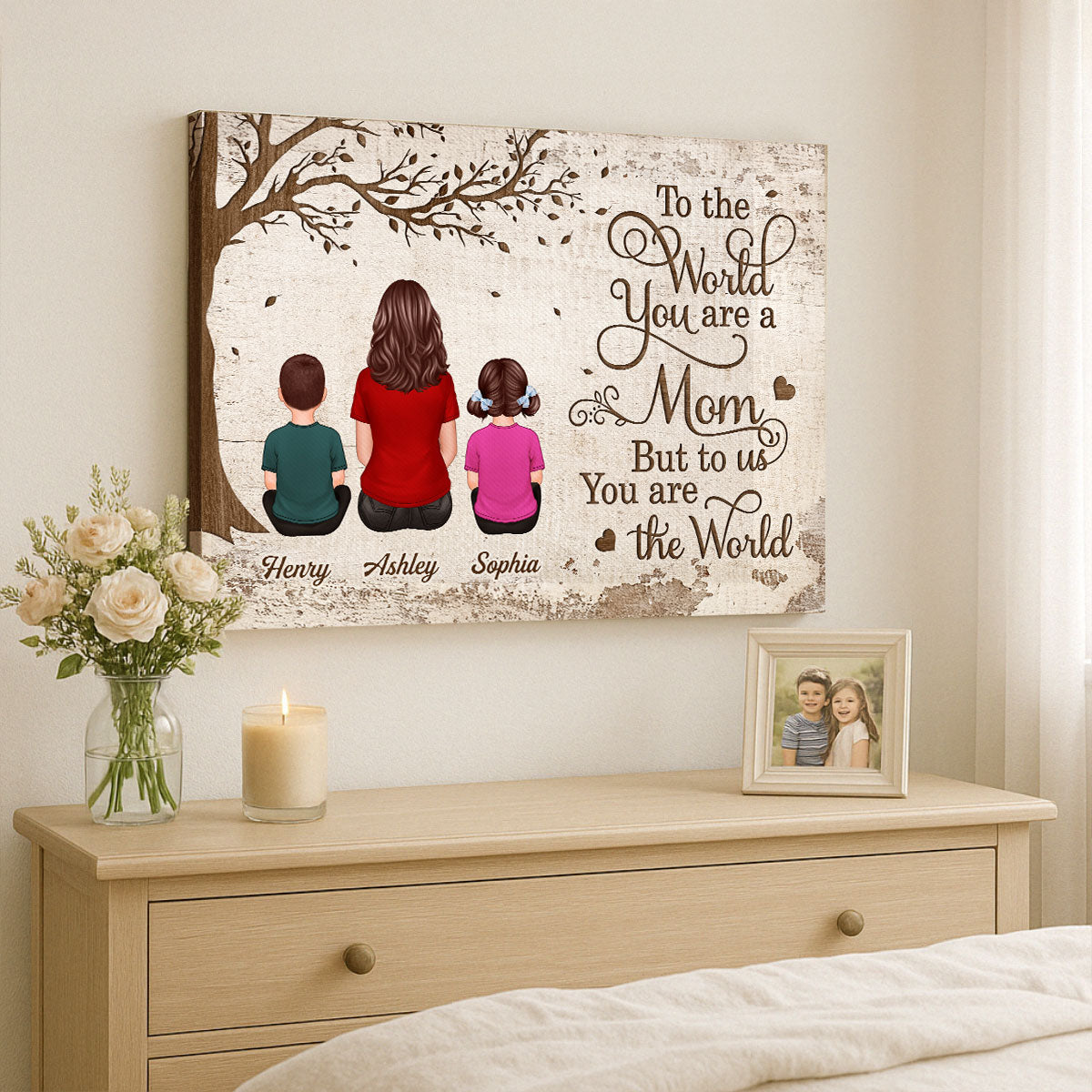Back View Mom And Kids Dogs Cats Sitting Personalized Wrapped Canvas