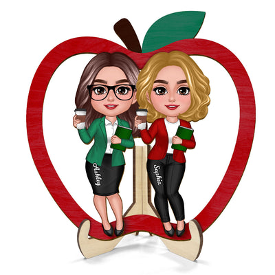 Doll Teacher Besties Colleagues Personalized 2-Layer Apple Shaped Wooden Plaque