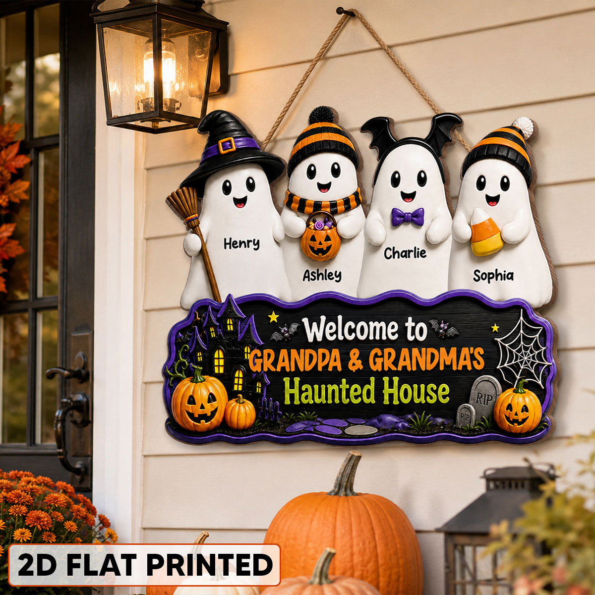 Halloween Welcome To Grandma Grandpa Haunted House Cute Boo Kids - Personalized Wood Sign - Halloween Decoration For Grandparents