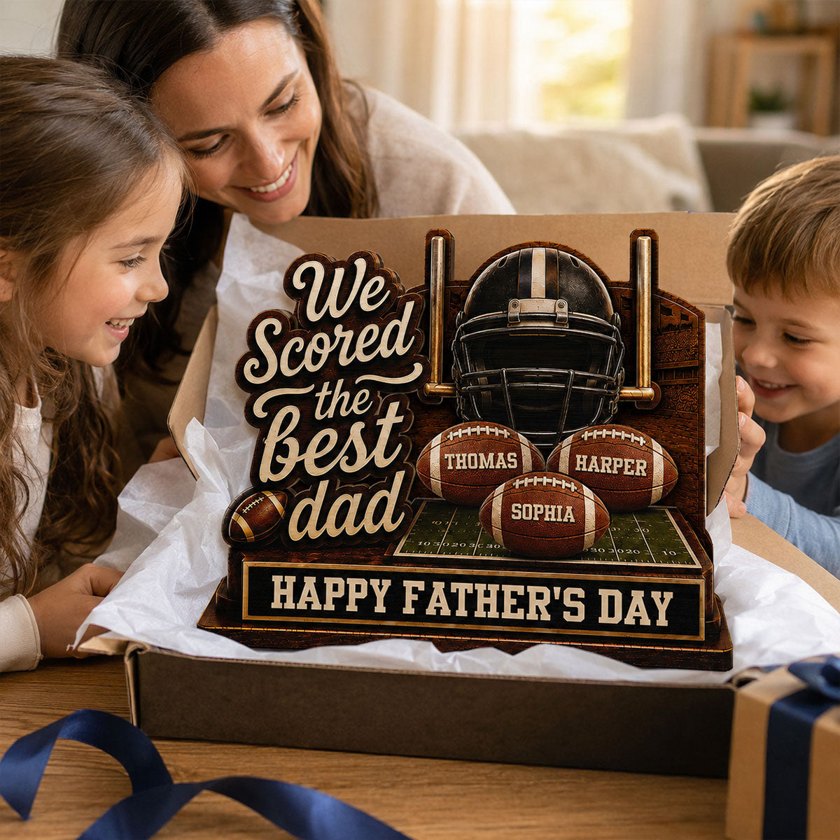 We Scored The Best American Football Dad Custom Name 2D Flat - Personalized 2-Layered Wooden Plaque - Father's Day Gift For Football Dad
