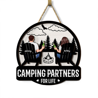 Camping Couple Sitting Back View, Campfire, Fire Pit Personalized Wood Sign
