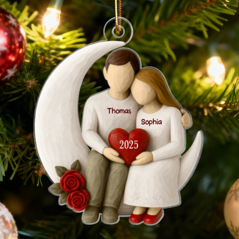 3D Effect Roses Wooden Texture Couple On Moon - Personalized Acrylic Ornament - Christmas Gift For Couple