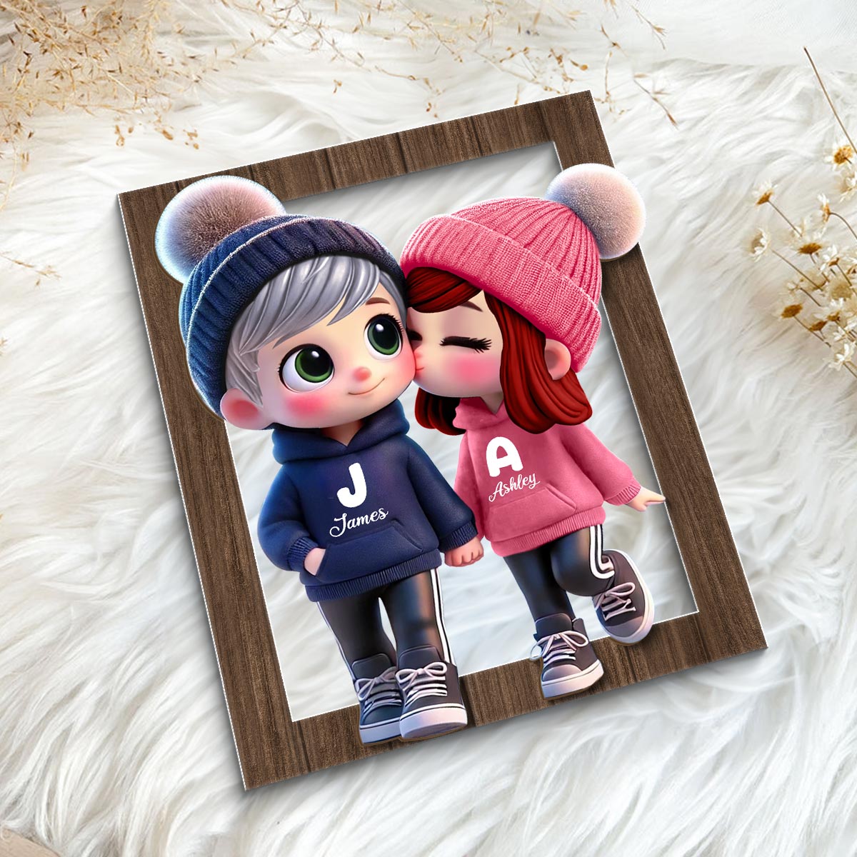 3D Effect Cute Cartoon Couple Walking Personalized 2-Layered Wooden Plaque,  Gift for Him, Gift for Her