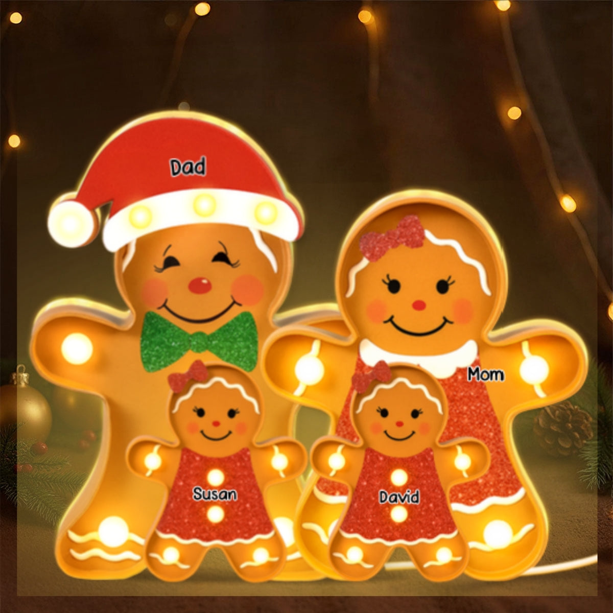 Gingerbread Family Marquee Effect Personalized LED Light Box, Christmas Decoration