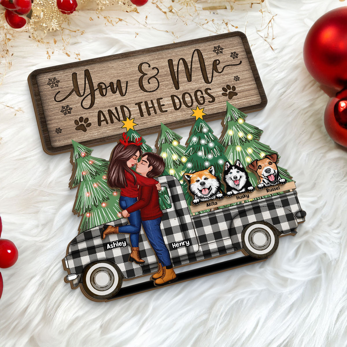 You Me And The Dogs Christmas Truck Personalized 2-Layer Standing Wooden Plaque