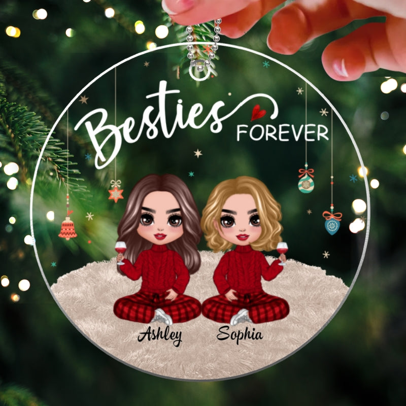 Doll Besties Sitting On Fluffy Rug Christmas Personalized Acrylic Ornament