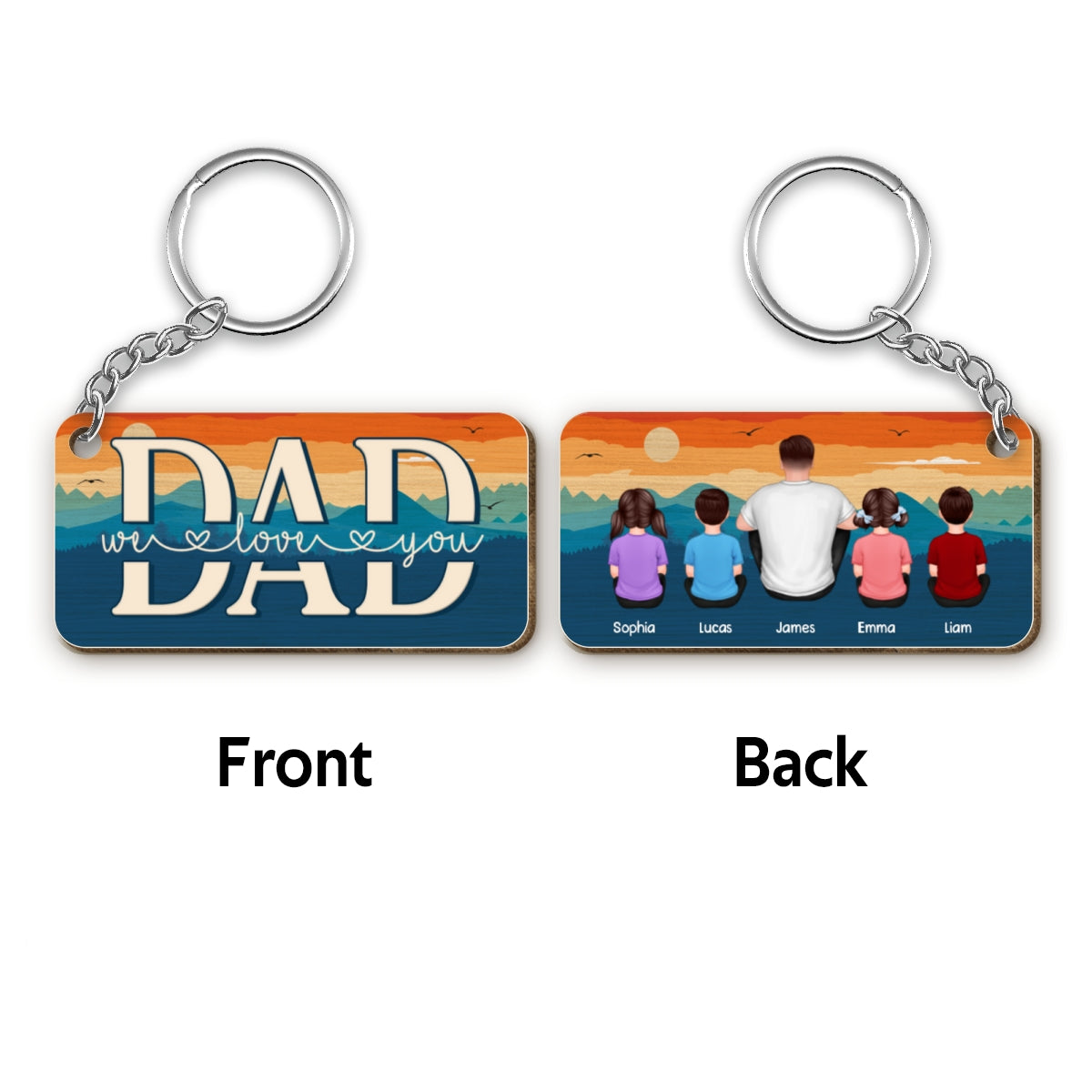 Best Dad Ever Mountain Retro Pattern Back View Man & Kids Personalized Wooden Keychain