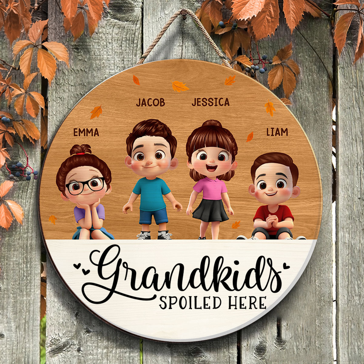 Grandkids Spoiled Here Personalized Wooden Door Sign, Fall Decor for Grandma