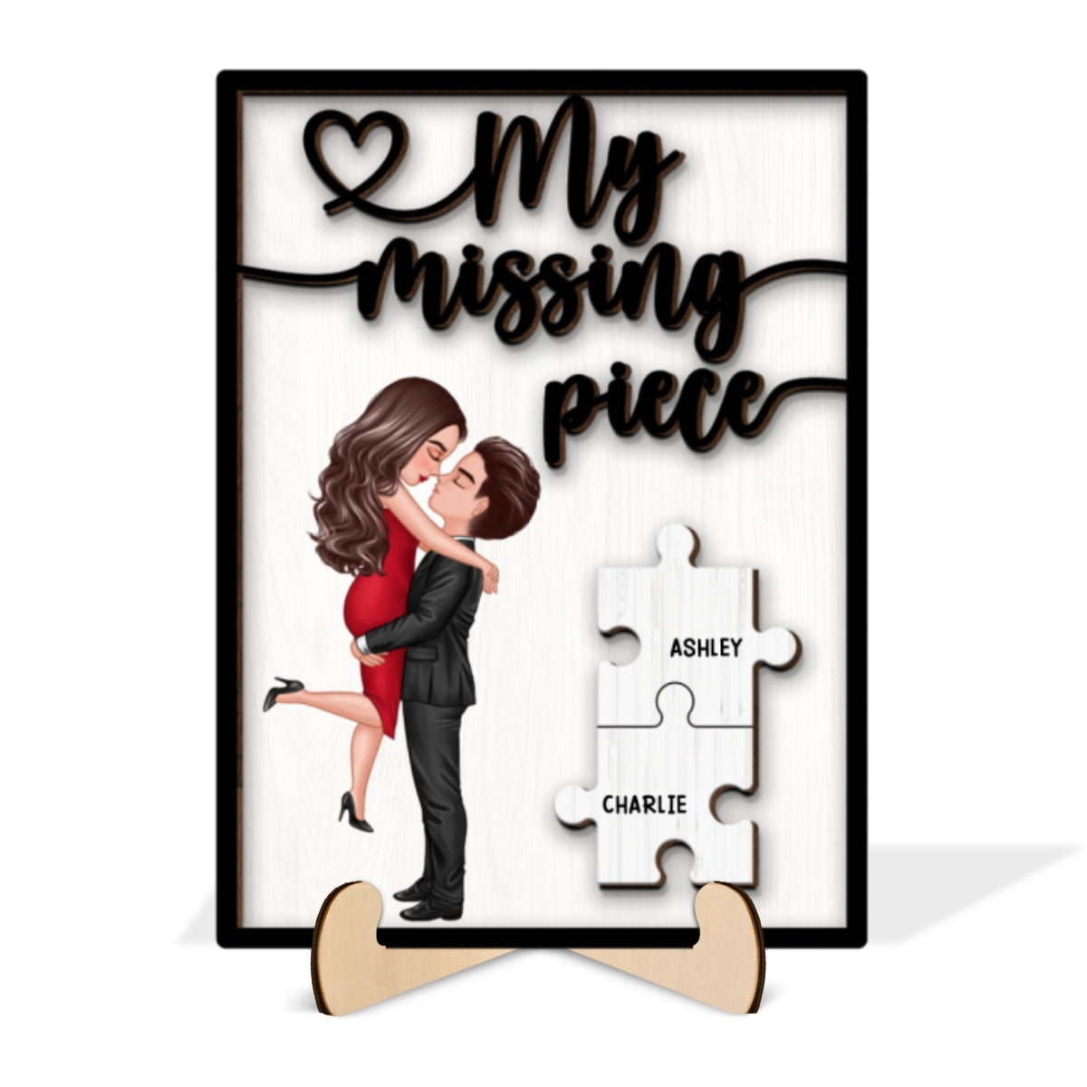 My Missing Piece Hugging Kissing Couple - Personalized 2-Layered Wooden Plaque - Anniversary Gift For Couple, For Dad Mom