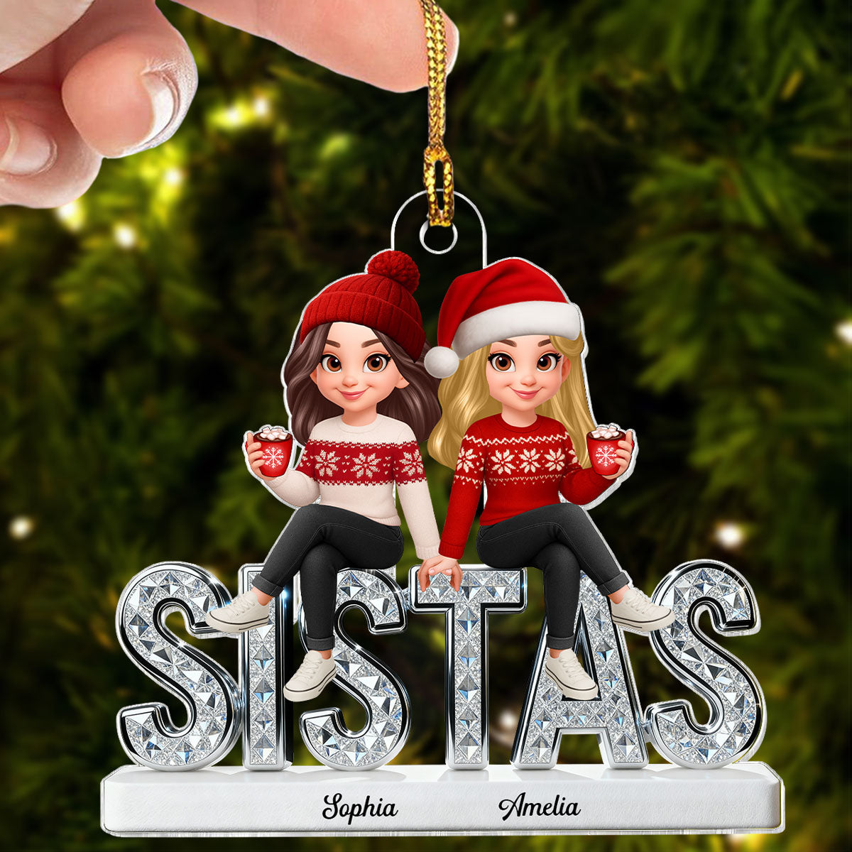 3D Shining Effect Sistas - Personalized Acrylic Car Hanger - Christmas Gift For Sisters
