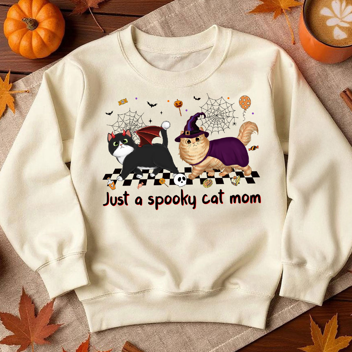 Just A Spooky Cat Mom Fluffy Cat Personalized Sweatshirt, Halloween Costume For Cat Lover