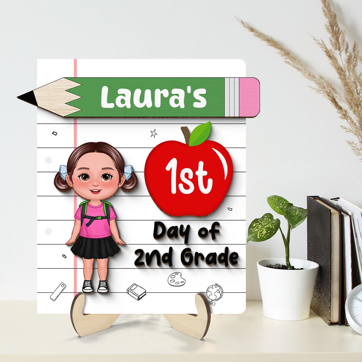 Back To School Sign Cute Doll Kid Personalized 2-Layer Wooden Plaque