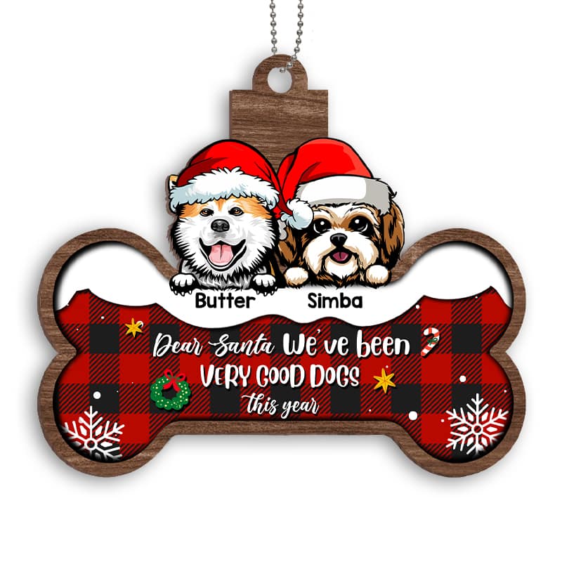 Peeking Dogs On Bone Personalized Wooden Ornament
