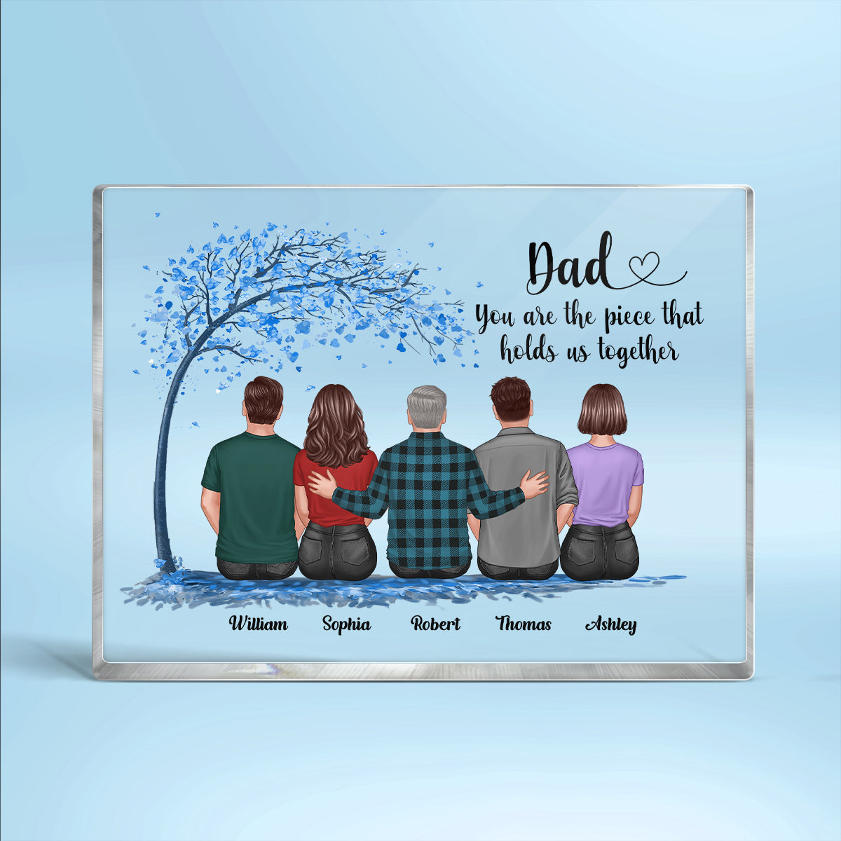 Blue Tree Back View Dad And Daughters Sons Sitting Personalized Horizontal Rectangle Acrylic Block