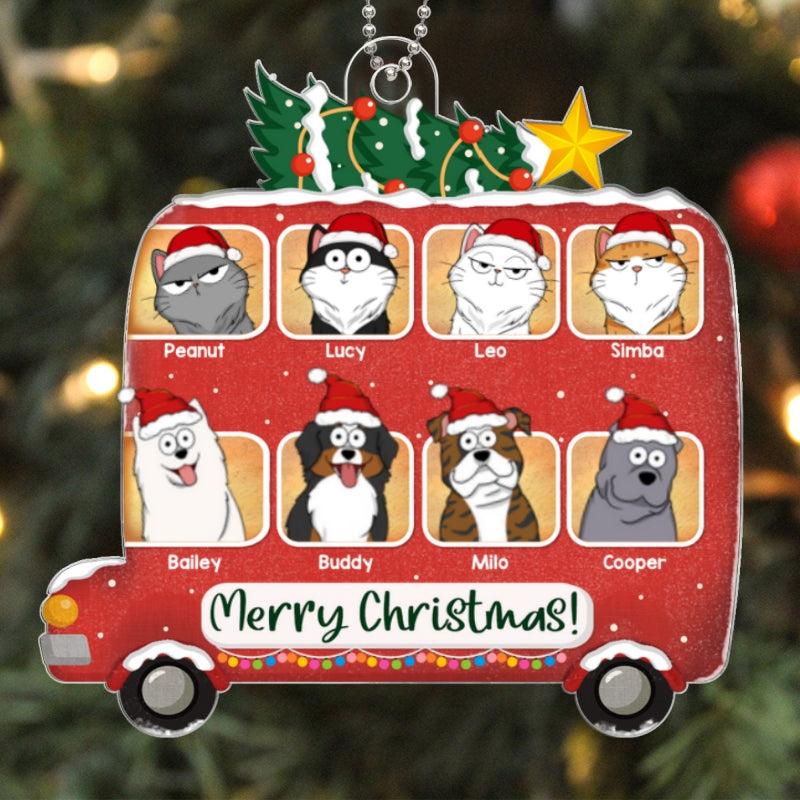 Merry Christmas Dogs Cats Cartoon On Christmas Bus Personalized Acrylic Ornament