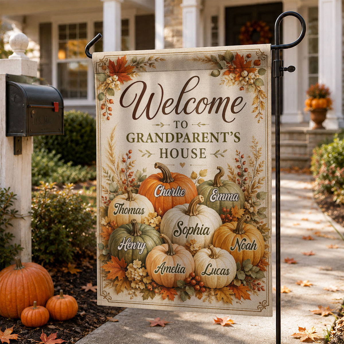 Welcome To Grandparent's House Fall Pumpkin - Personalized Garden Flag - Fall Season Decor Gift, Gift For Grandma, Grandpa