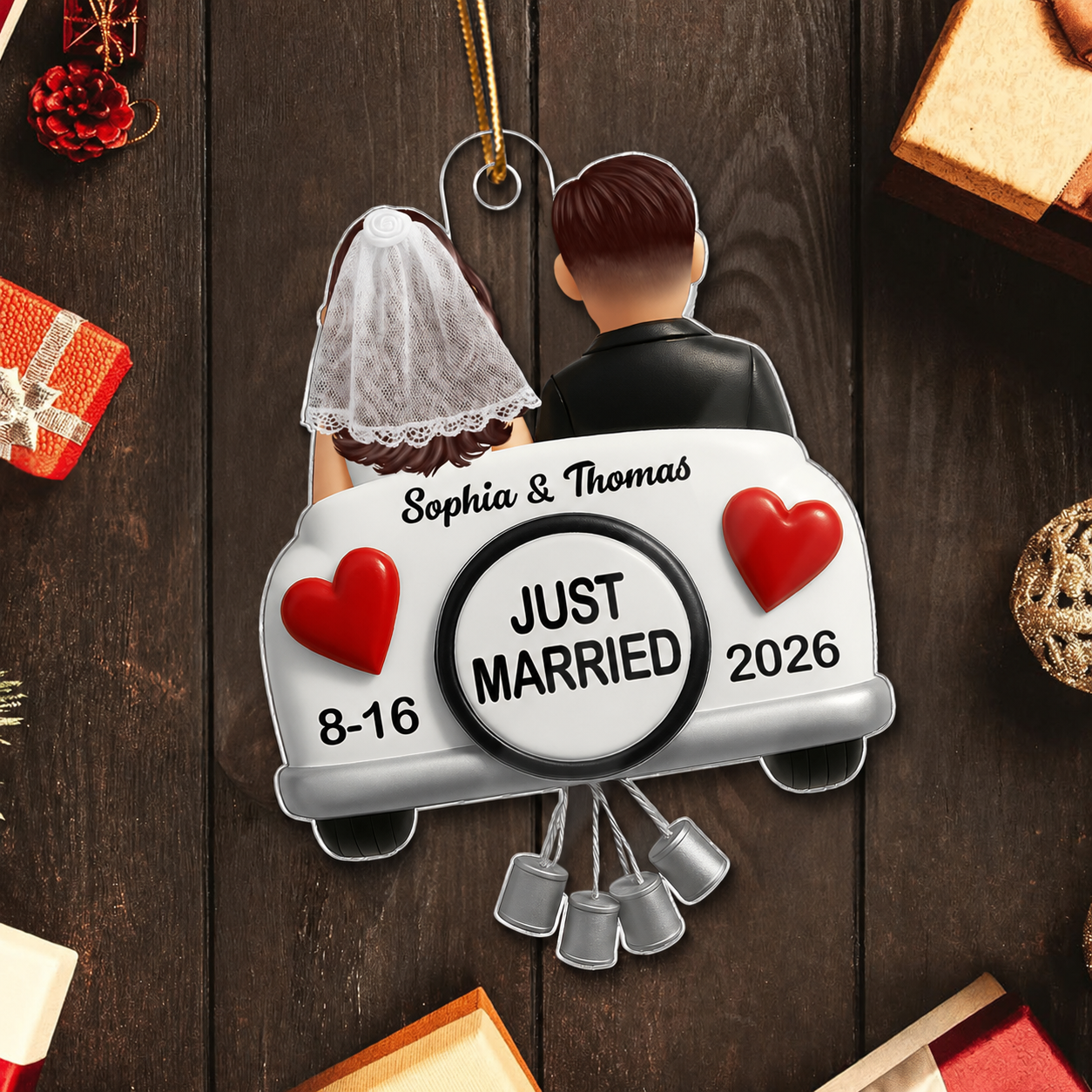3D Effect Just Married Couple First Christmas Married Personalized Flat Acrylic Ornament, Gift For Newly Wedding Couple