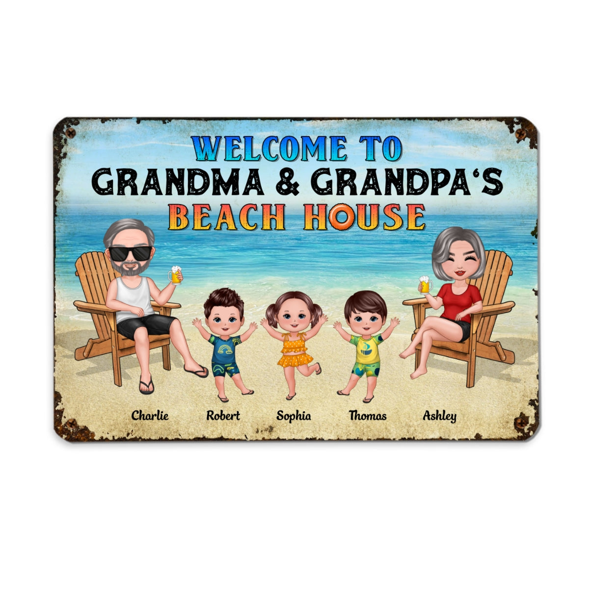 Welcome To Grandparents‘ Beach House Doll Grandma Grandpa & Kids Personalized Metal Sign