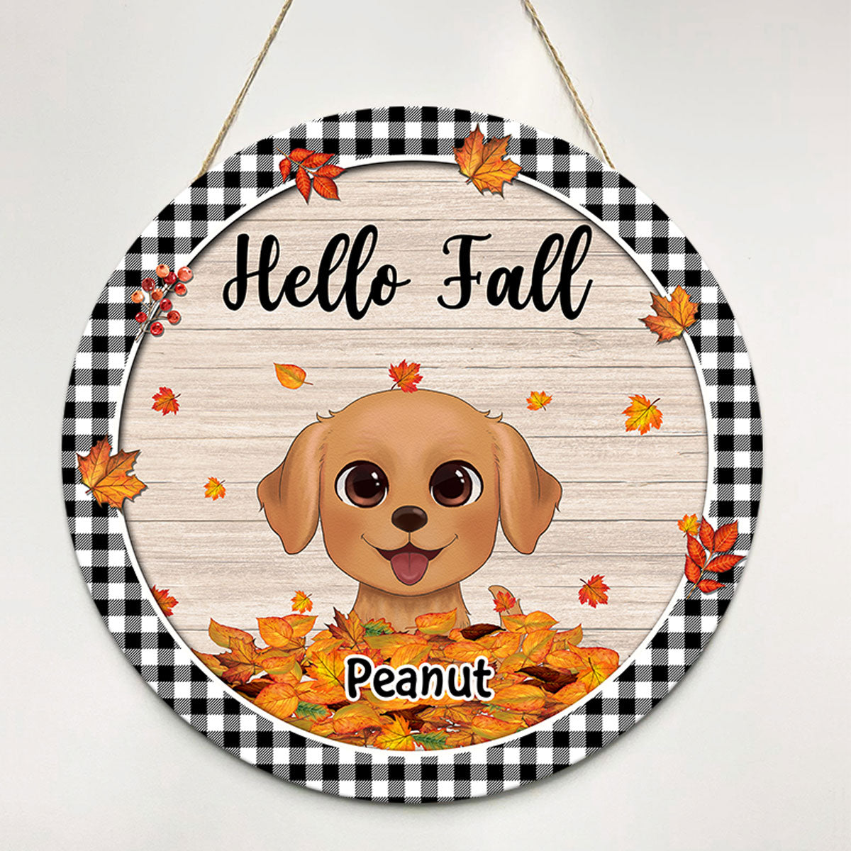 Fall Season Watercolor Cute Dogs Playing With Autumn Leaves Pile Personalized Door Hanger Sign