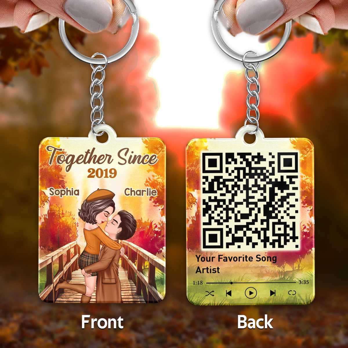 Fall Season Couple Kissing On Bridge Favorite Song QR Code Personalized Acrylic Keychain