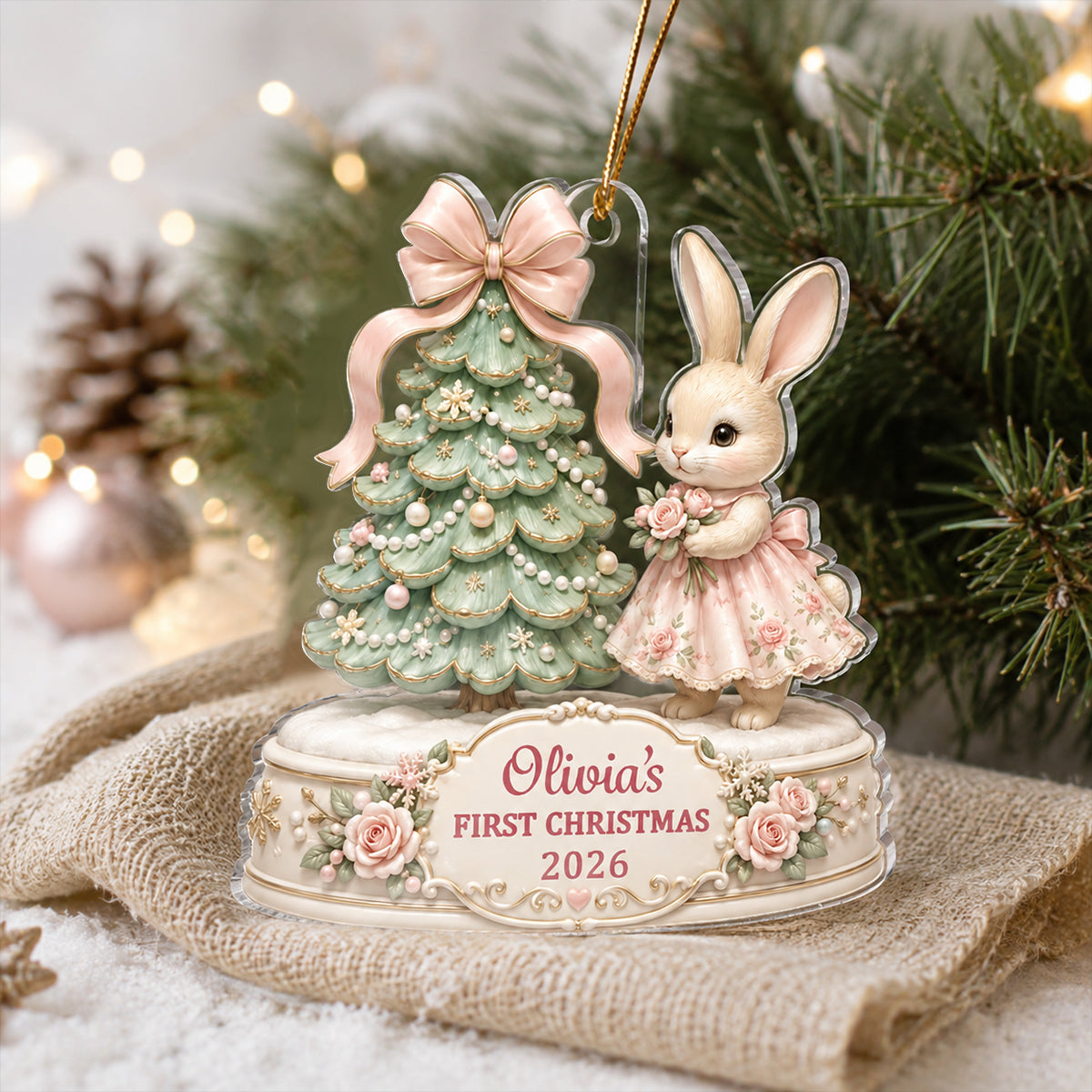 Baby's First Christmas Cute Rabbit - Personalized Acrylic Ornament - Newborn Gift