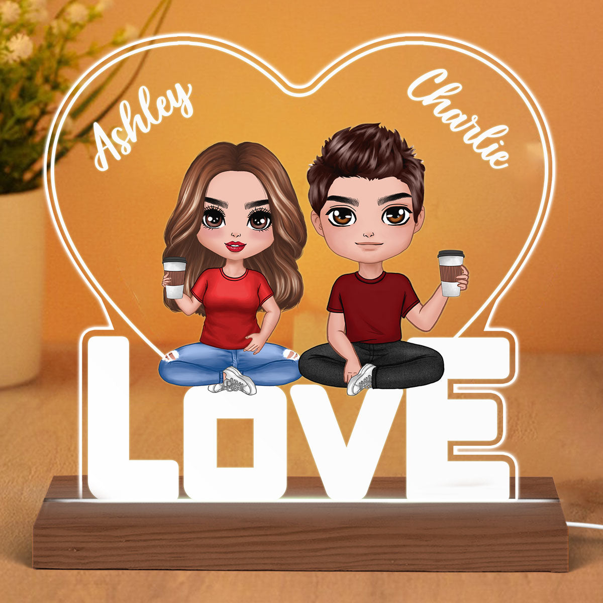 Doll Couple Sitting On LOVE Heart Personalized Custom Shape LED