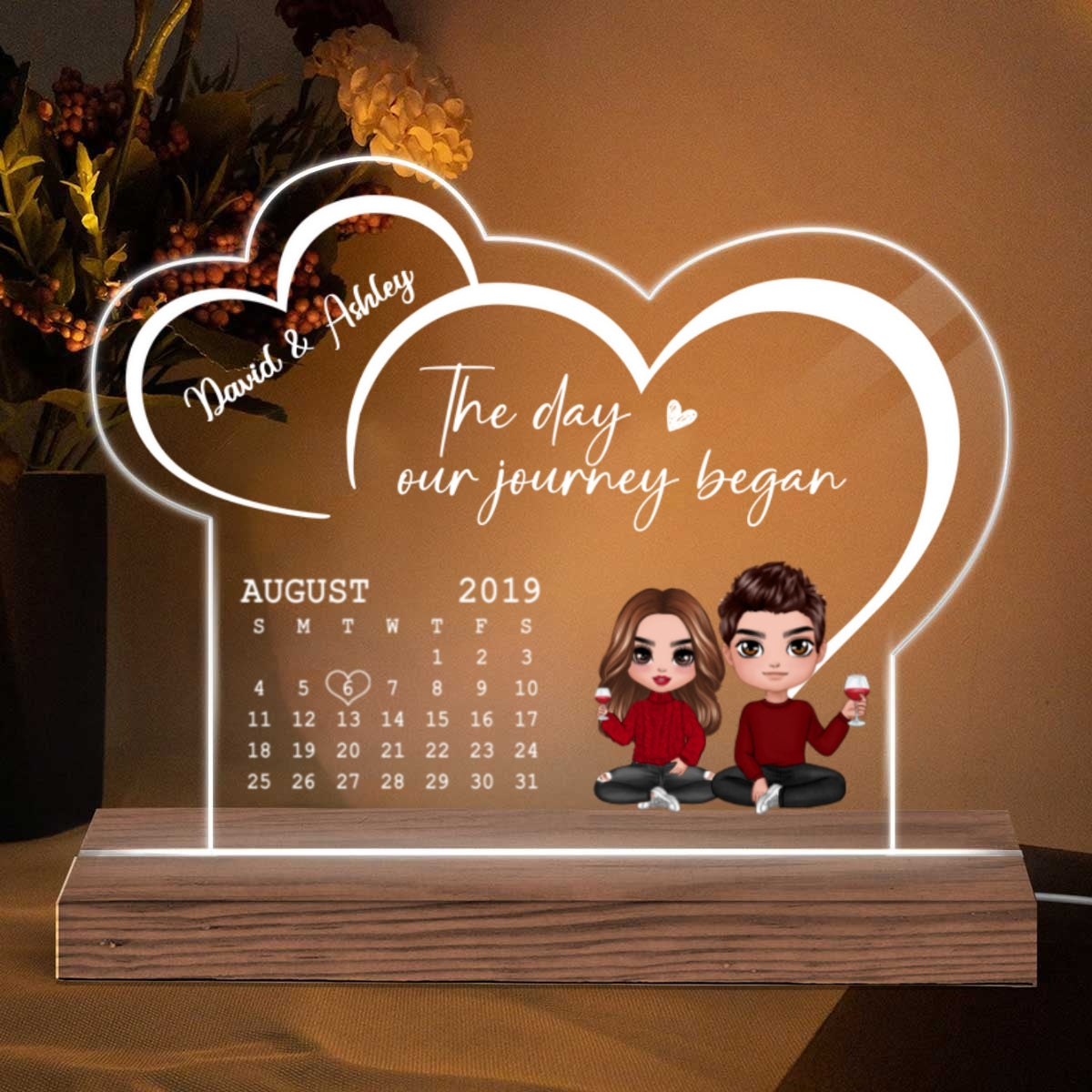 Doll Couple Sitting Anniversary Date Calendar Two Hearts Personalized Acrylic Plaque With LED Night Light
