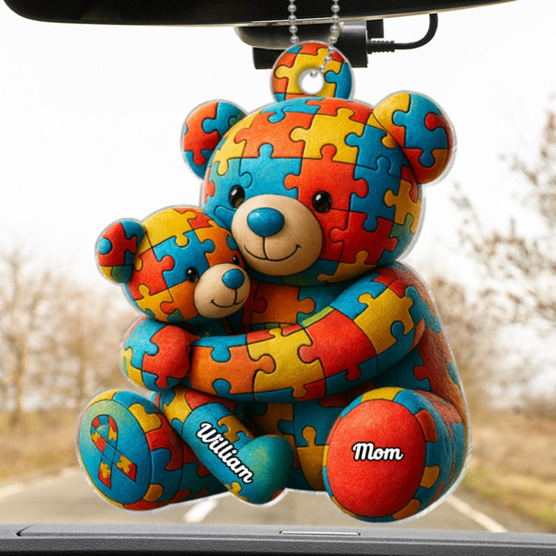 Autism Bear Mom & Kid Autism Awareness Personalized Car Hanger Ornament