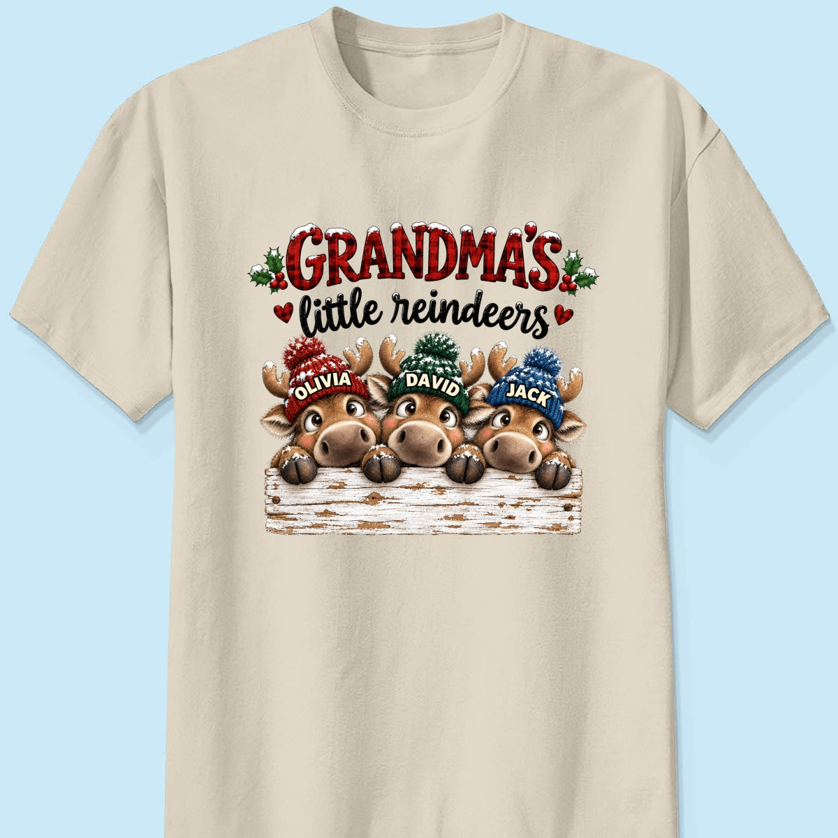 Grandma's Cute Peeking Reindeers - Personalized Shirt - Trendy Christmas Tee for Grandma, Thoughtful Christmas Gift for Mom, Wife