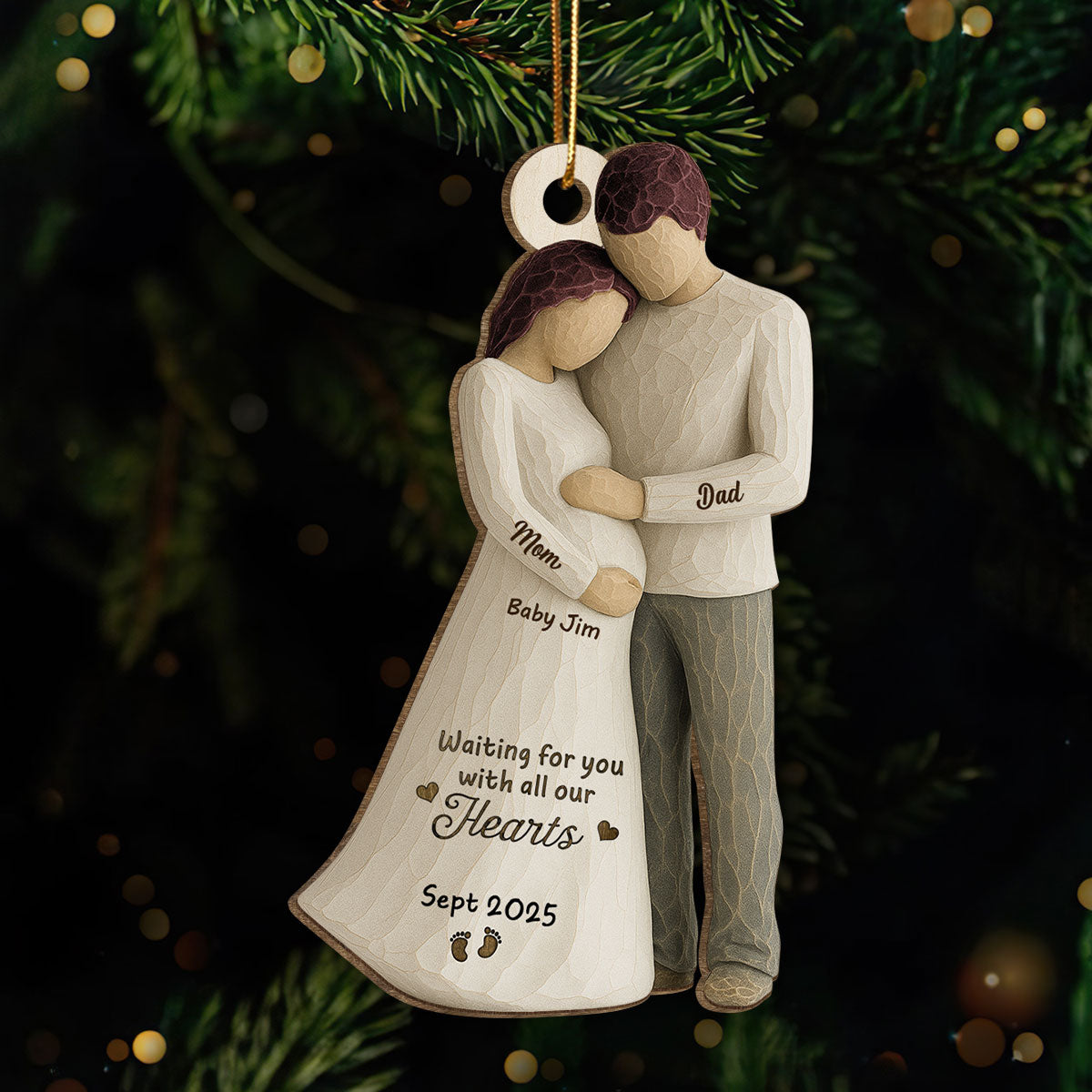 2D Flat Waiting For You With All Our Hearts Couple Expecting Baby - Personalized Wooden Ornament, Baby Shower Gift For Parents-to-be