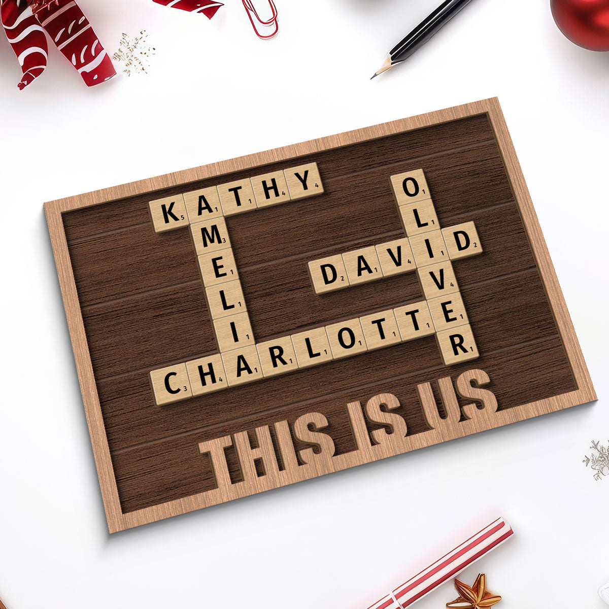Our Family Crossword Puzzle Art Home Decor Gift Personalized 2-Layer Wooden Plaque