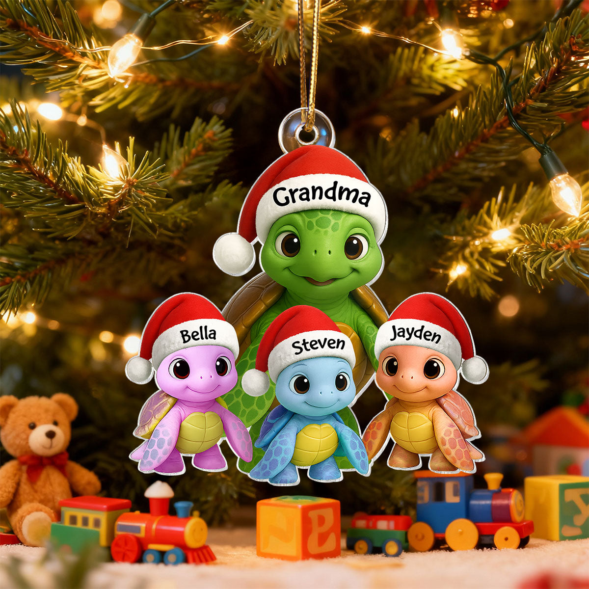 3D Effect Cute Christmas Sea Turtles Grandma And Grandkids - Personalized Acrylic Ornament