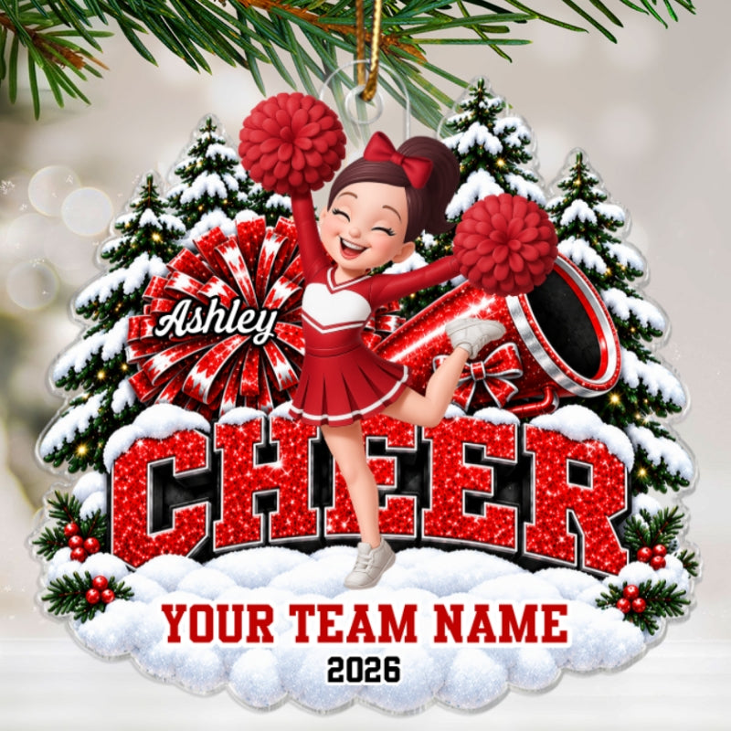 Christmas Cheerleader With Pom Poms - Personalized Acrylic Ornament - Christmas Gift For Cheerleaders, Cheer Teams, Girls