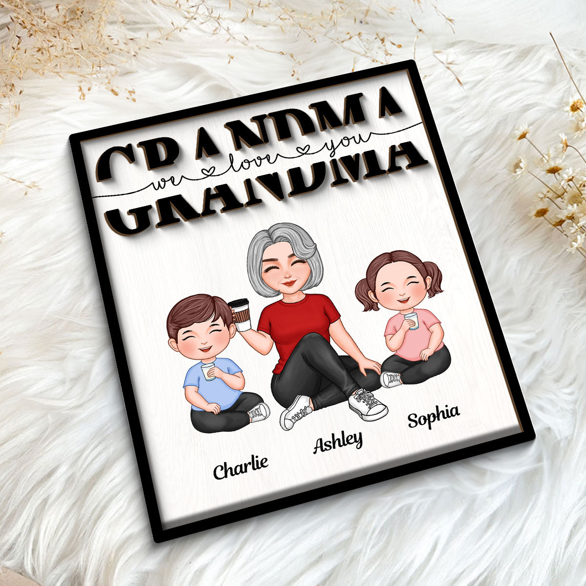 Grandma Mom Auntie Kids Sitting We Love You Mother‘s Day Gift Personalized 2-Layer Wooden Plaque