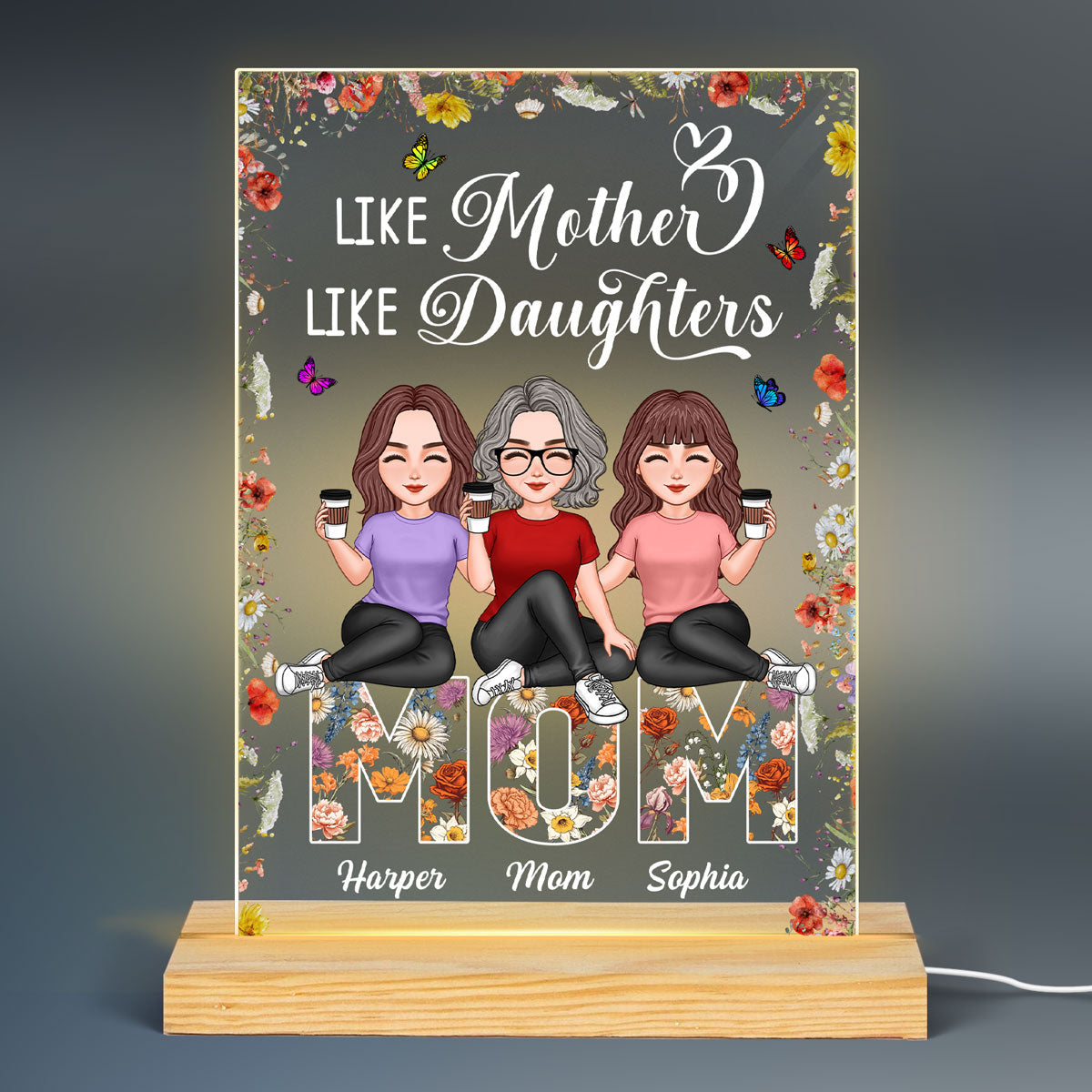 Like Mother Like Daughters Vintage Flowers Word Personalized Rectangle Acrylic Plaque LED Night Light