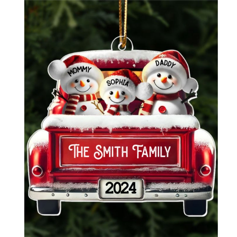 Personalized Snowman Family Acrylic Christmas Ornament, Red Truck Custom Name 3D Effect Ornament
