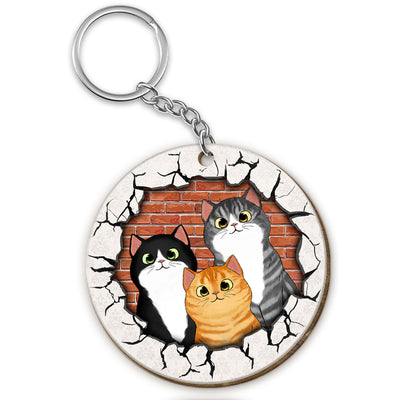 Naughty Cats Brick Background Personalized Wooden Keychain