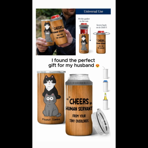 Happy Father‘s Day Human Servant Stacked Funny Cute Cat Gift For Cat Lover Personalized 4 In 1 Can Cooler