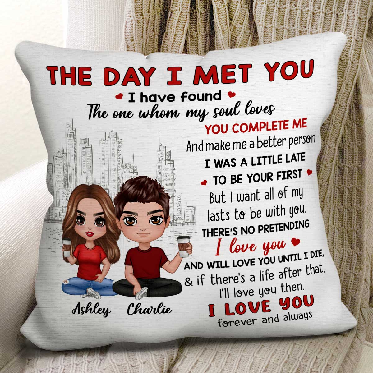 Doll Couple Sitting Skyline The Day I Met You Gift For Him For Her Personalized Pillow