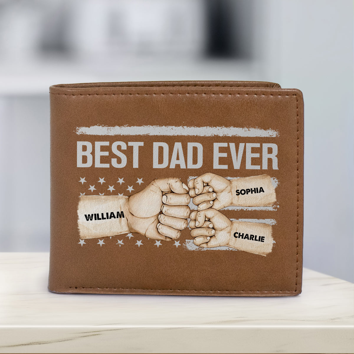 Best Dad Ever Flag Fist Bump Personalized Printed Leather Wallet, Gift For Husband, Dad